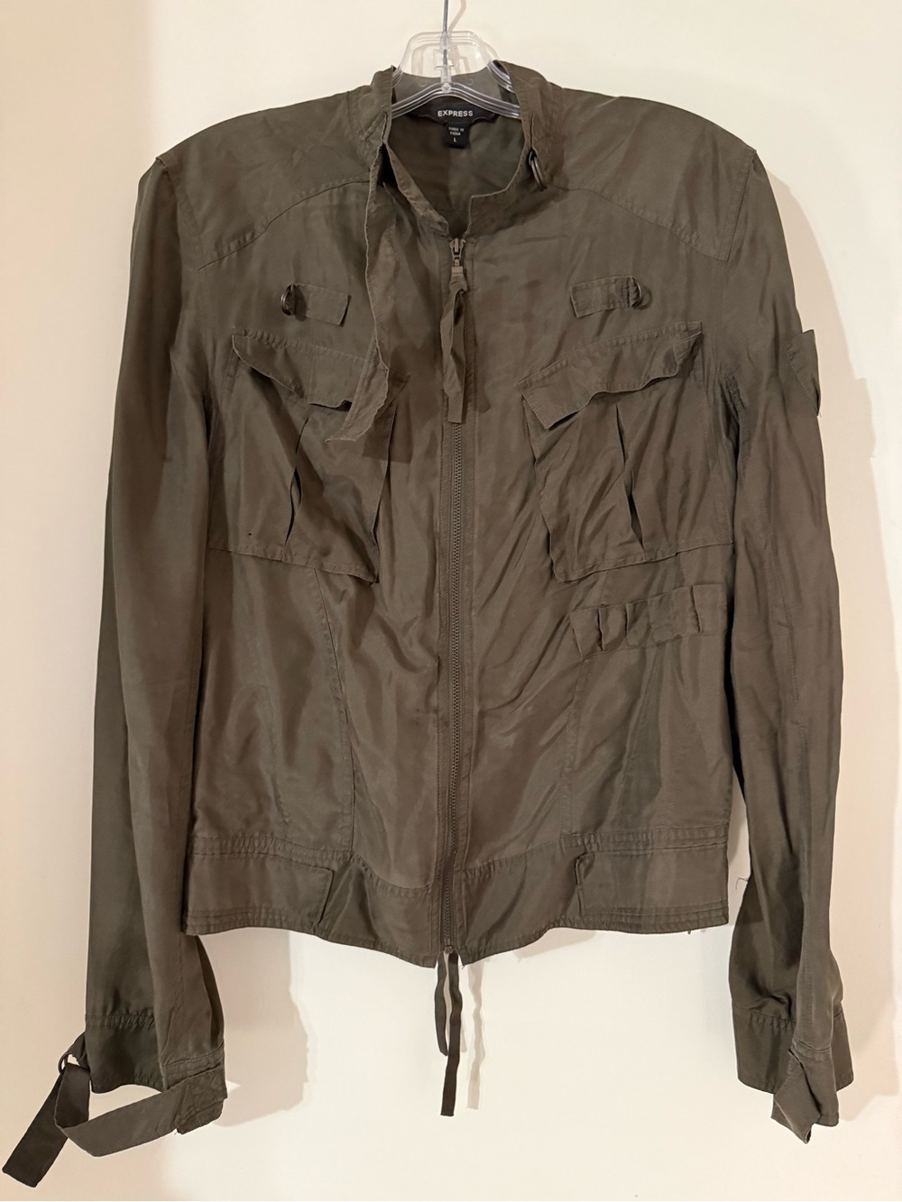 Express vintage Silk Olive Green Utility Zip Jacket Size L